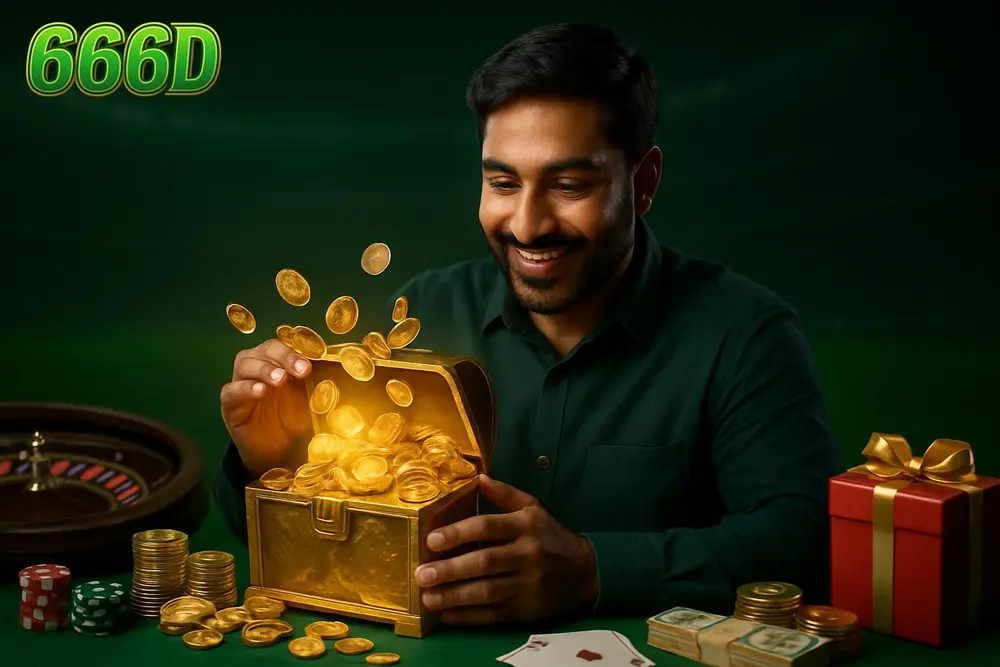 666D bonuses — a Pakistani man smiling as golden coins spill from a glowing treasure chest on a table in front of him