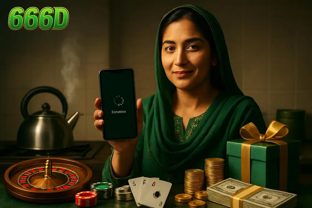 666D APK download — a Pakistani woman standing in her kitchen holding a phone showing a loading screen while a