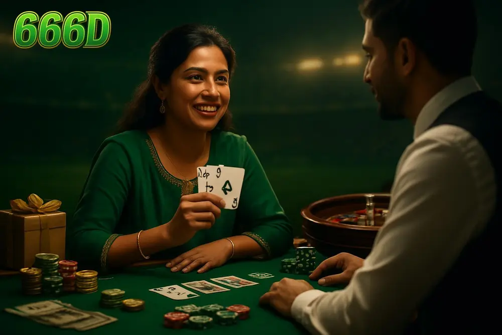 666D games — a Pakistani woman smiling while holding playing cards at a lively game table with a dealer standing