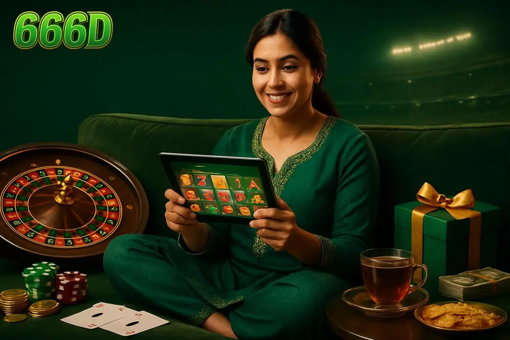 666D Pakistan — a Pakistani woman sitting cross-legged on a sofa browsing a colorful gaming app on her tablet with