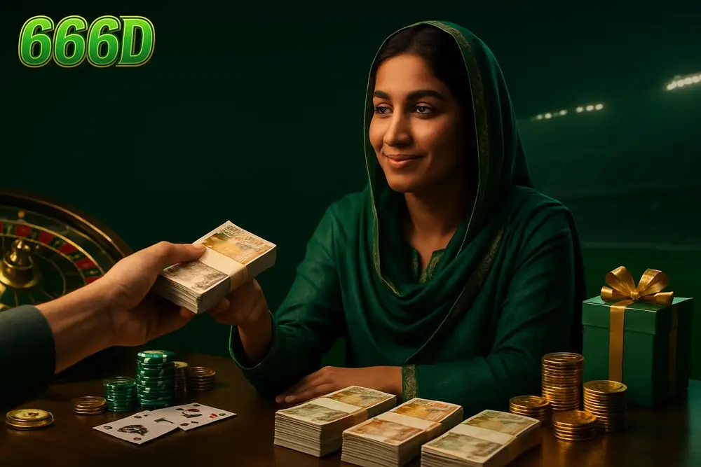 666D payment methods — a Pakistani woman receiving a cash payout at a counter with neat stacks of local currency