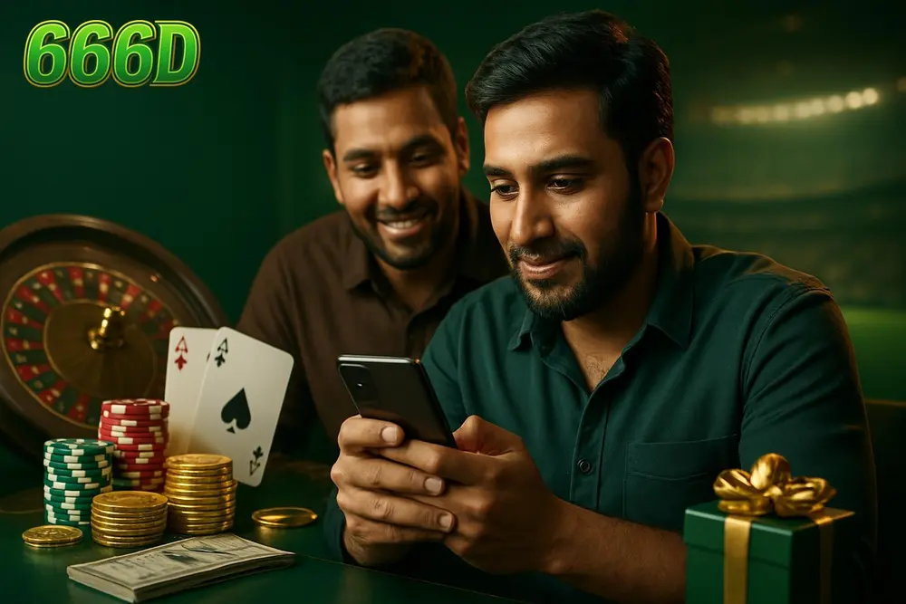 666D register — a Pakistani man at a shop counter using his phone to complete a sign-up form with a friend watching